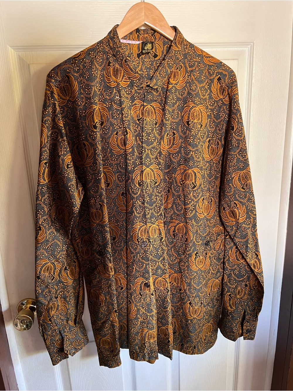 Men's Long-Sleeve Button-Down Shirt in Mustard Floral on Navy